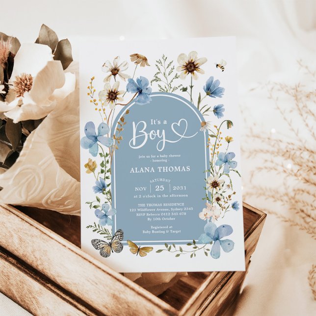 Dusty Blue Boho Wildblume Boy Baby Shower Einladung (Von Creator hochgeladen)