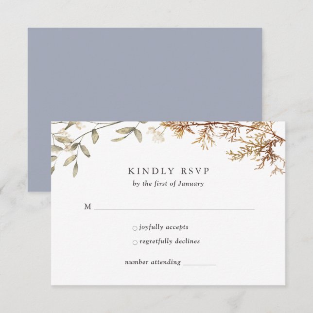 Dusty Blue Boho Wildblume Foliage Wedding RSVP Karte (Vorne/Hinten)