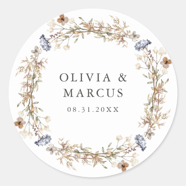 Dusty Blue Boho Wildblume Wreath Wedding Runder Aufkleber (Vorderseite)