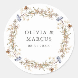 Dusty Blue Boho Wildblume Wreath Wedding Runder Aufkleber