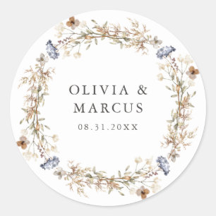 Dusty Blue Boho Wildblume Wreath Wedding Runder Aufkleber