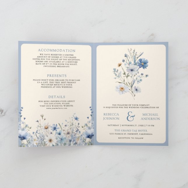 Dusty Blue Boho Wildflower QR Code Wedding Einladung (Innenseite)