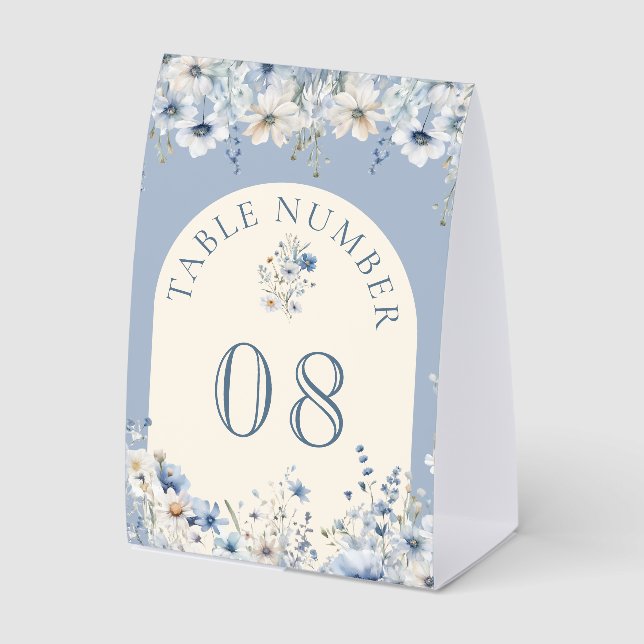 Dusty Blue Boho Wildflower Wedding Table Number Tischaufsteller (Vorderseite)