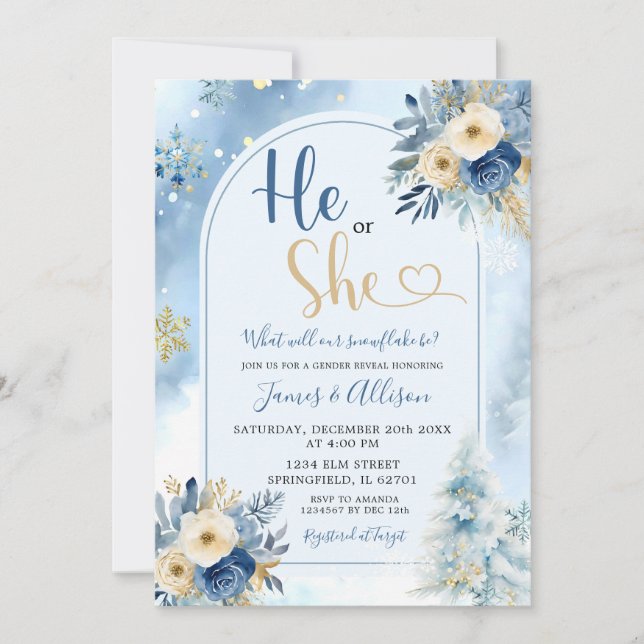 Dusty Blue Boho Winter Gender Reveal floral Einladung (Vorderseite)