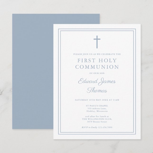 Dusty Blue Border First Holy Communitation Einladu Postkarte (Vorne/Hinten)