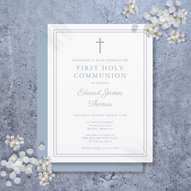 Dusty Blue Border First Holy Communitation Einladu Postkarte (Dusty Blue Border First Holy Communion Invitation Postcard)