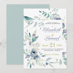 Dusty Blue Botanic Watercolor Elegante Hochzeit Einladung