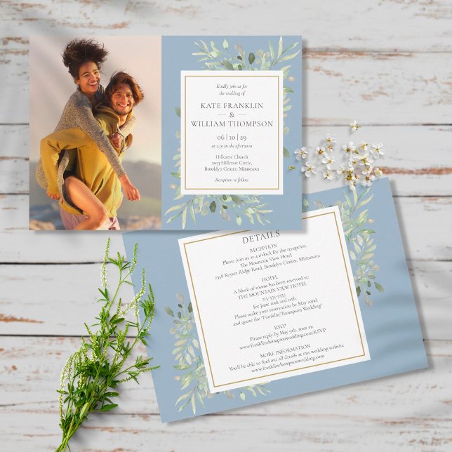 Dusty Blue Botanical alles in einem Foto Hochzeit Einladung (Von Creator hochgeladen)