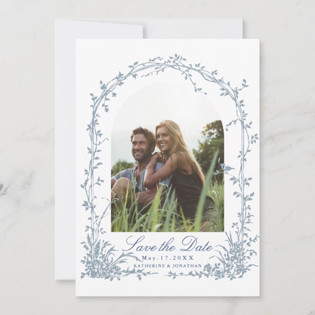 Dusty Blue Botanical Arch Garden Wedding Photo Save The Date (Vorderseite)