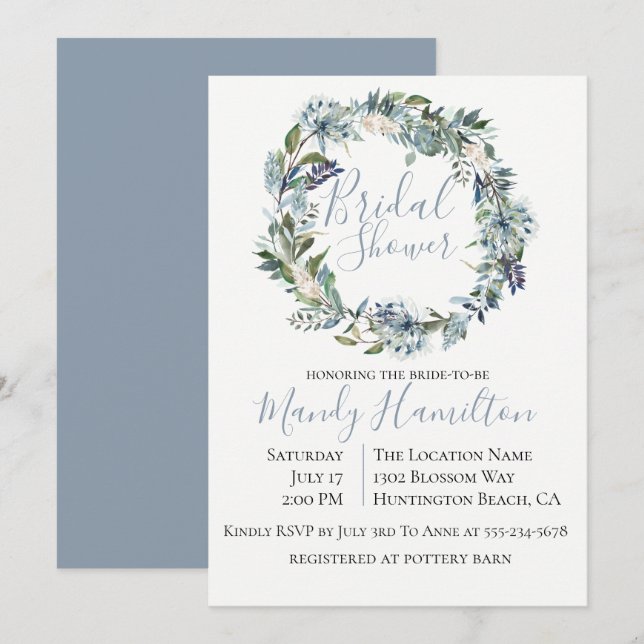Dusty Blue Botanical Bridal Dusche Einladung (Vorne/Hinten)