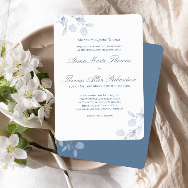 Dusty Blue Botanical Classic Formal Wedding Invite Einladung (Classic dusty blue wedding invitation with parents’ names and elegant calligraphy script.)