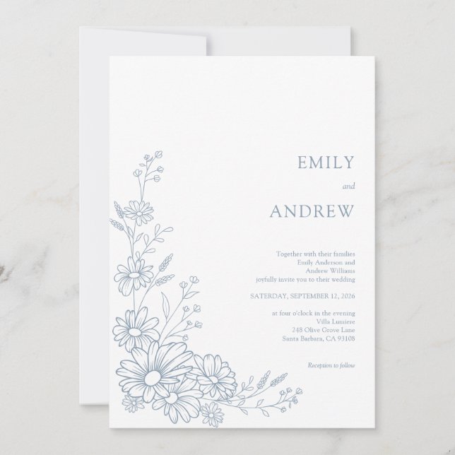 Dusty Blue Botanical Daisy Garden Wedding Einladung (Vorderseite)
