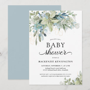 Dusty Blue Botanical Eucalyptus Baby Showroom Einladung