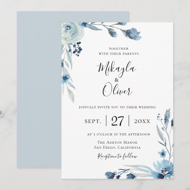 Dusty Blue Botanical Floral Wedding Einladung (Vorne/Hinten)
