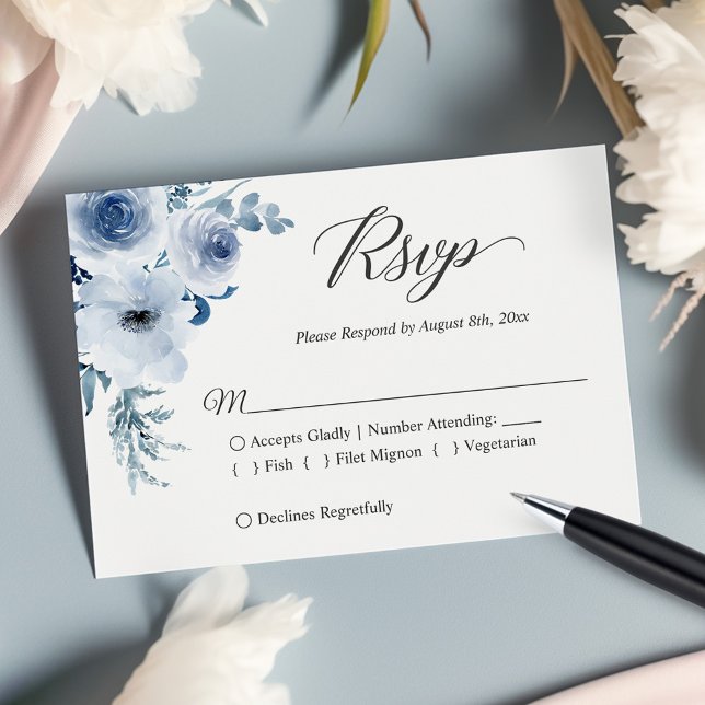 Dusty Blue Botanical Floral Wedding RSVP Karte (Von Creator hochgeladen)