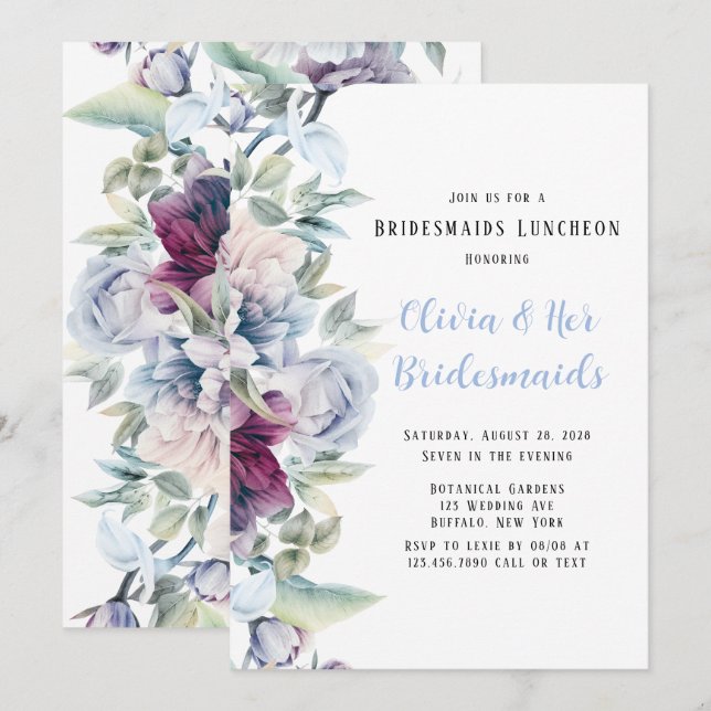 Dusty Blue Botanical Florals Bridesmaids Luncheon Einladung (Vorne/Hinten)