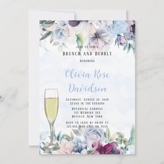 Dusty Blue Botanical Florals Brunch und Bubbly Einladung (Vorderseite)