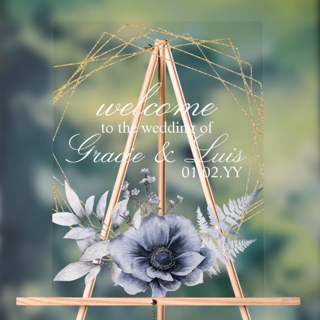 Dusty Blue Botanical Florals Gold Mariage (Neutre)