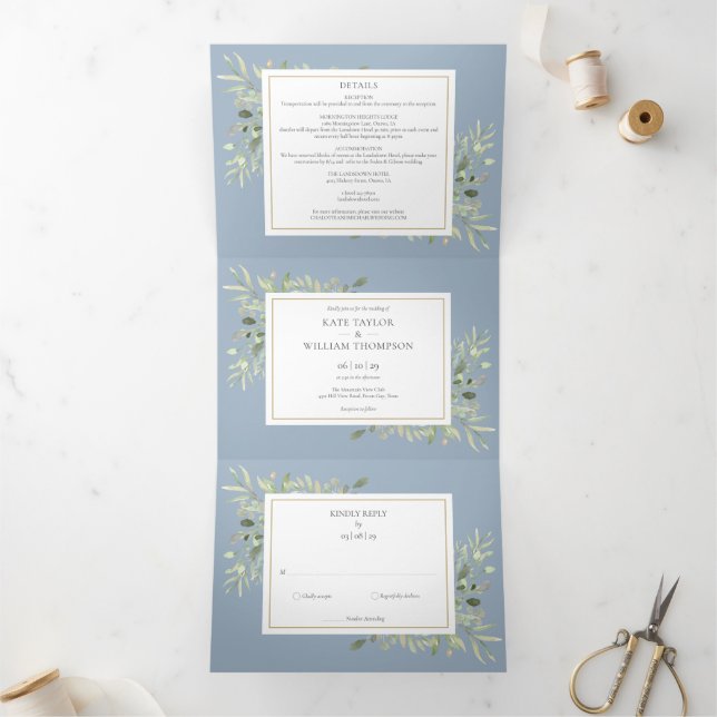 Dusty Blue Botanical Greenerity Foto Wedding Dreifach Gefaltete Einladung (Innenseite)