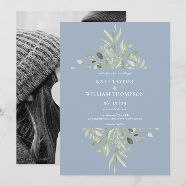 Dusty Blue Botanical Greenerity Foto Wedding Invit Einladung (Vorne/Hinten)
