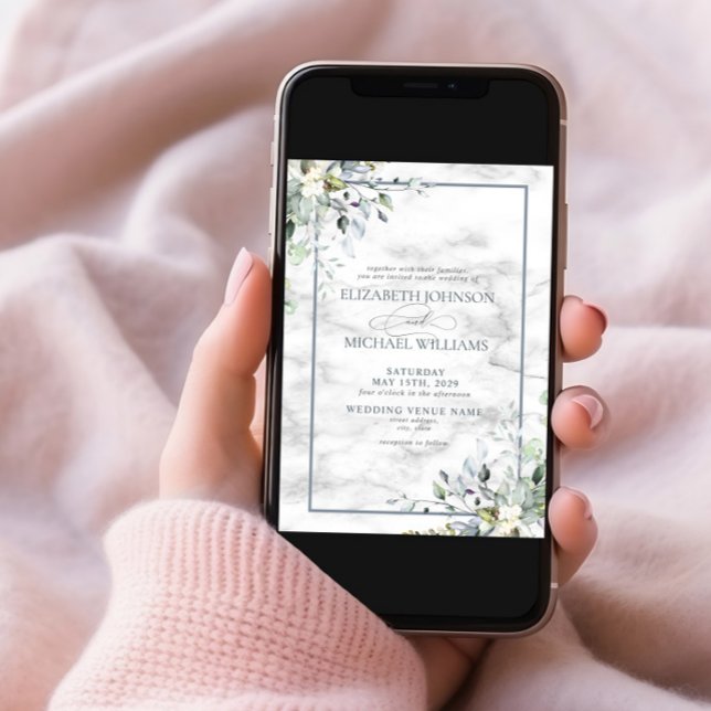 Dusty Blue Botanical Greenerity Marble Foto Weddin Einladung (Von Creator hochgeladen)