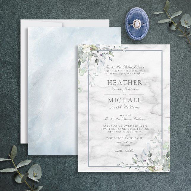 Dusty Blue Botanical Greenerity White Marble Weddi Einladung (Von Creator hochgeladen)
