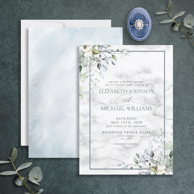 Dusty Blue Botanical Greenerity White Marble Weddi Einladung (Von Creator hochgeladen)