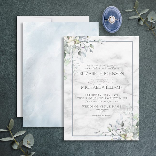 Dusty Blue Botanical Greenerity White Marble Weddi Einladung (Von Creator hochgeladen)