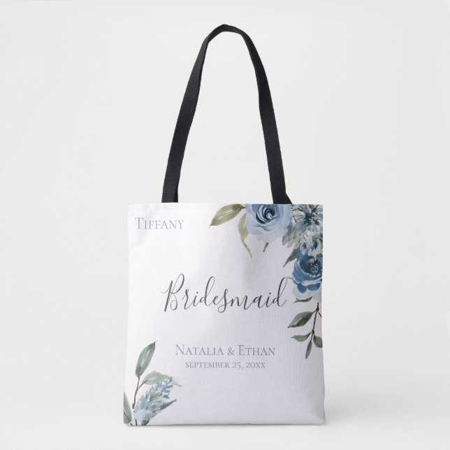 Dusty Blue Botanical Personalisiert Bridesmaid Tasche (Vorderseite)