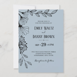 Dusty Blue Botanical Simple Doodle Floral Wedding Einladung