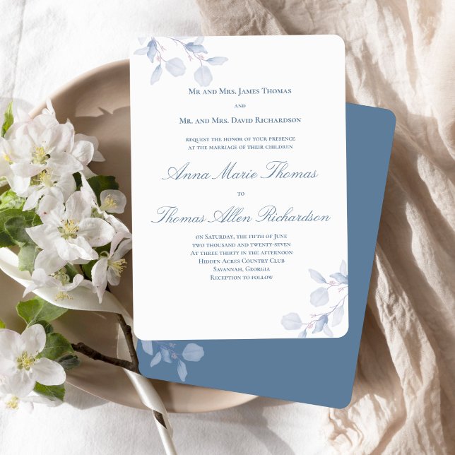 Dusty Blue Botanical Traditional Wedding Invite Einladung (Dusty blue botanical wedding invitation with both families hosting and classic wording.)