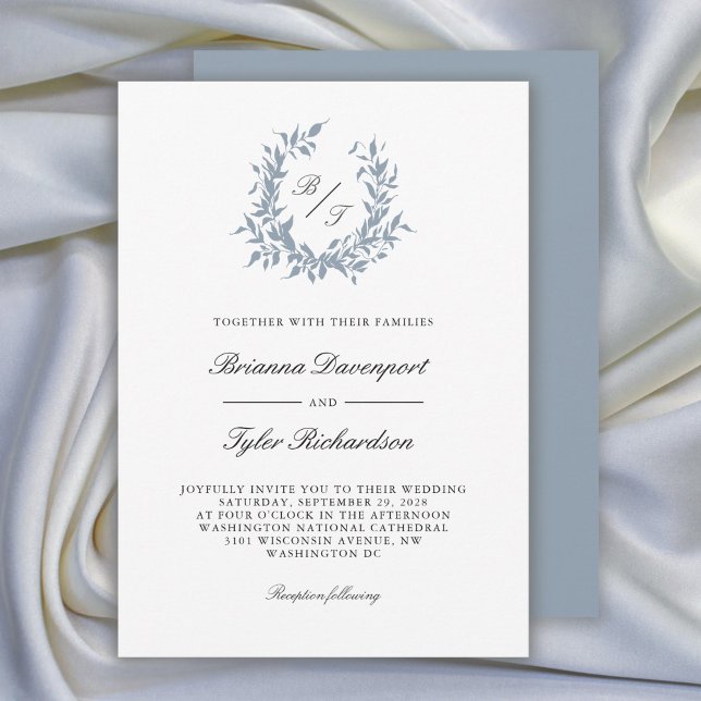 Dusty Blue Botanical Wappen Monogram Wedding Einladung (Available in both printed and paperless digital download formats.)