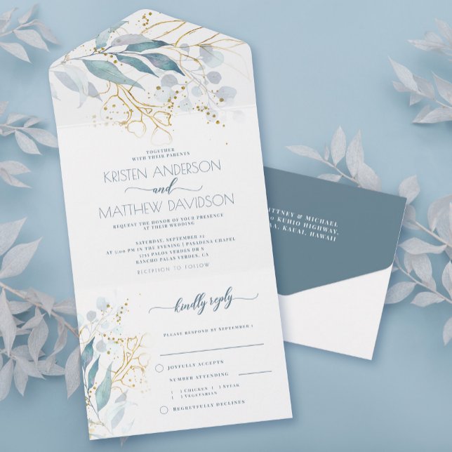Dusty Blue Botanical Watercolor Wedding All In One Einladung (These budget-friendly wedding invitations are designed with an easy-to-tear-off perforated RSVP.)