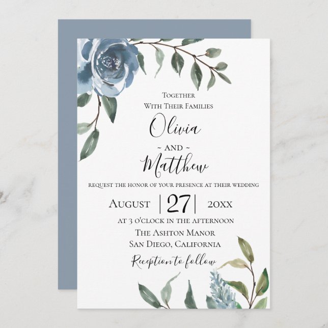 Dusty Blue Botanical Wedding Einladung (Vorne/Hinten)