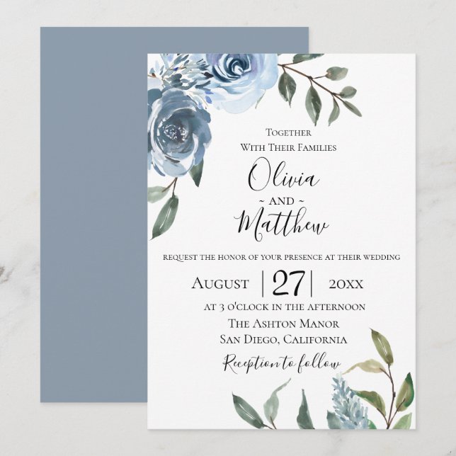 Dusty Blue Botanical Wedding Einladung (Vorne/Hinten)