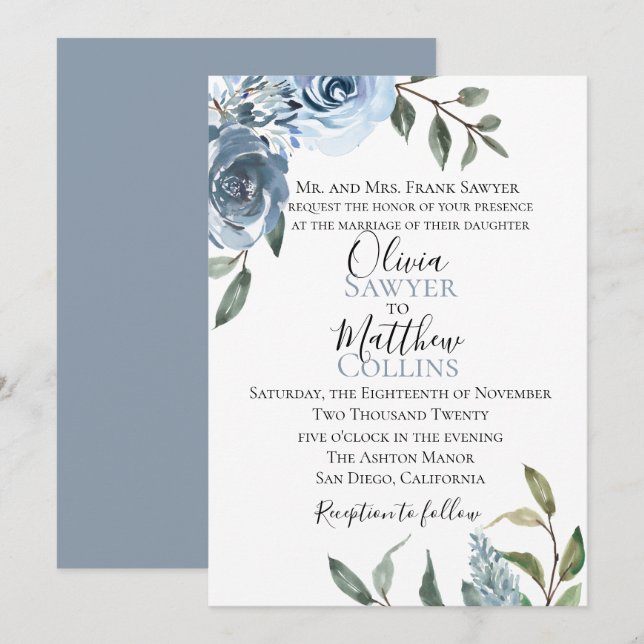 Dusty Blue Botanical Wedding Einladung (Vorne/Hinten)