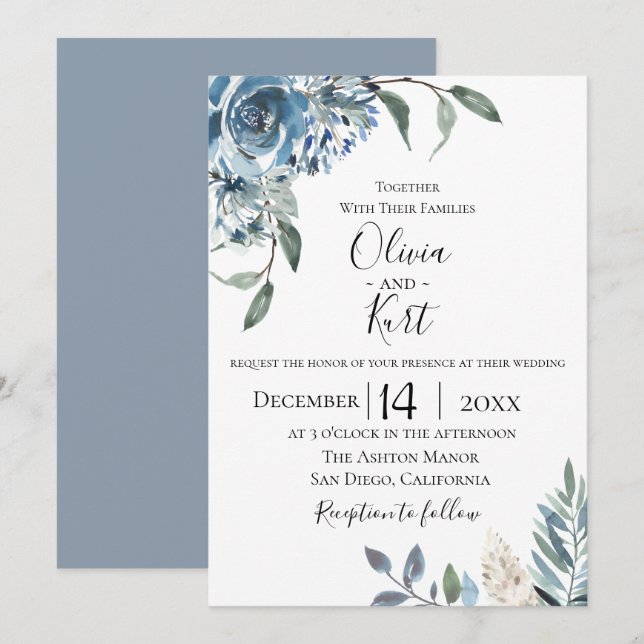 Dusty Blue Botanical Wedding Einladung (Vorne/Hinten)