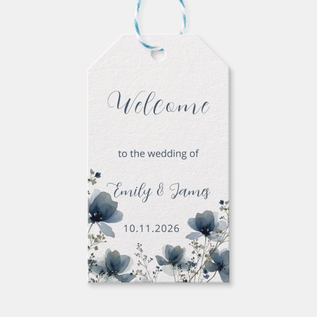 Dusty Blue Botanical Wedding Geschenkanhänger (Vorderseite)