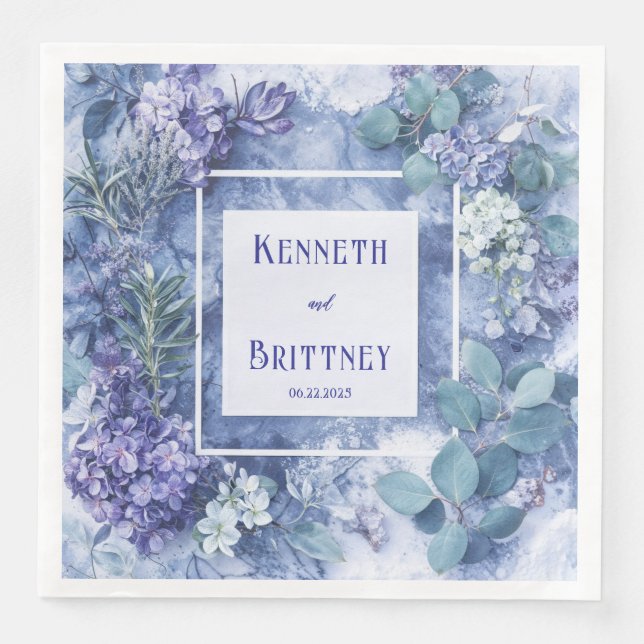 Dusty Blue Botanical Wedding Napkins mit Grün Serviette (Vorderseite)