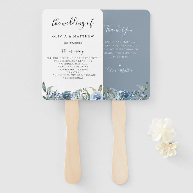 Dusty Blue Botanical Wedding Program Hand Fan Fächer (Vorne und Hinten)