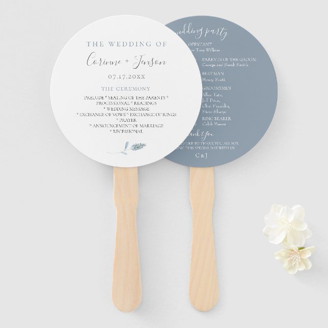 Dusty Blue Botanical Wedding Program Hand Fans Fächer (Vorne und Hinten)
