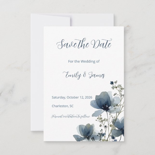Dusty Blue Botanical Wedding Save The Date (Vorderseite)