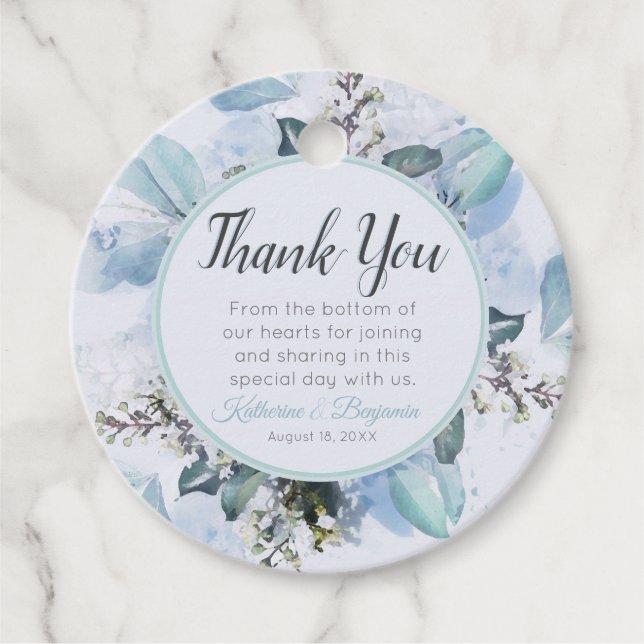 Dusty Blue Botanical Wedding Vielen Dank Geschenkanhänger (Vorderseite)