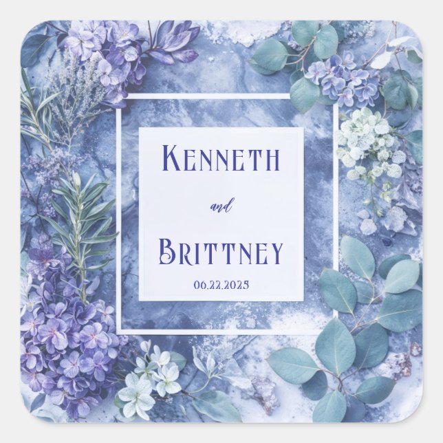 Dusty Blue Botanical Wedding with Greenery Quadratischer Aufkleber (Vorderseite)