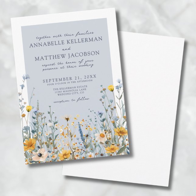 Dusty Blue Botanical Wildblume Floral Wedding Einladung (Dusty Blue Botanical Wildflower Floral Wedding Invitation)