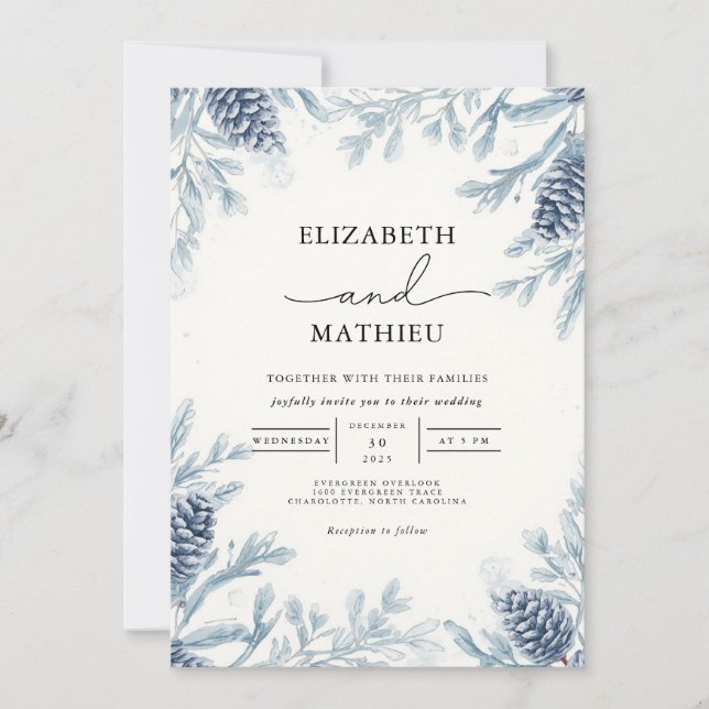 Dusty Blue Botanical Winter Wedding Einladung (Vorderseite)
