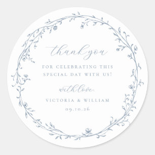 Dusty Blue Botanical Wreath Gastgeschenk Hochzeit Runder Aufkleber