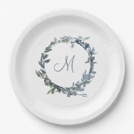Dusty Blue Botanical Wreath Monogram Pappteller