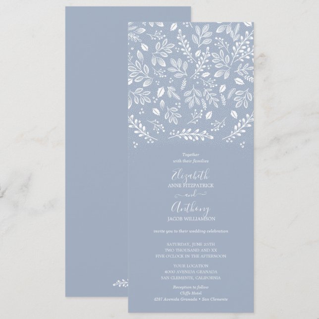 Dusty Blue Botanicals Wedding Einladung (Vorne/Hinten)