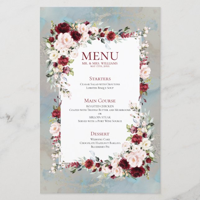 Dusty Blue Bourgogne Blush Floral Mariage Menu (Devant)
